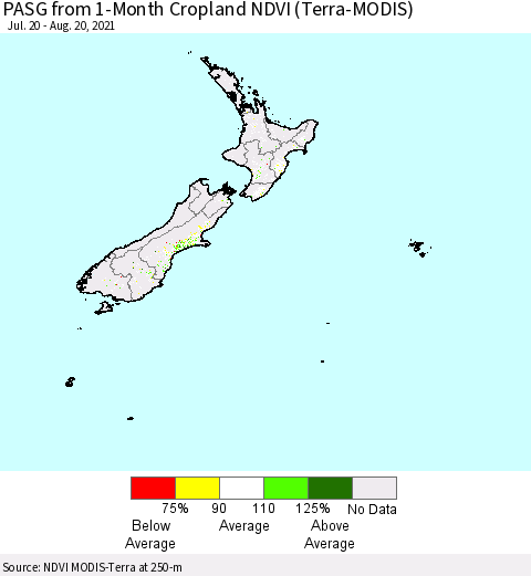 New Zealand PASG from 1-Month Cropland NDVI (Terra-MODIS) Thematic Map For 8/13/2021 - 8/20/2021