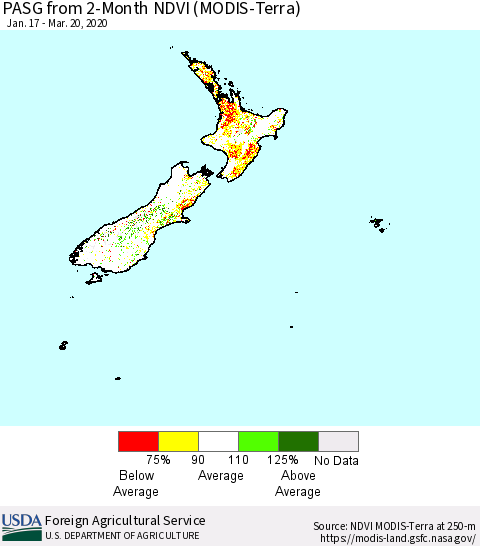 New Zealand PASG from 2-Month NDVI (Terra-MODIS) Thematic Map For 3/11/2020 - 3/20/2020
