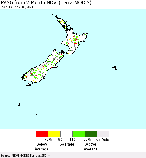 New Zealand PASG from 2-Month NDVI (Terra-MODIS) Thematic Map For 11/9/2021 - 11/16/2021