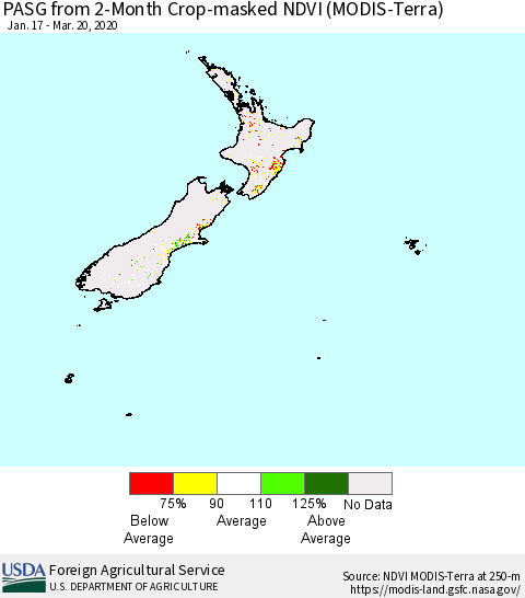 New Zealand PASG from 2-Month Cropland NDVI (Terra-MODIS) Thematic Map For 3/11/2020 - 3/20/2020