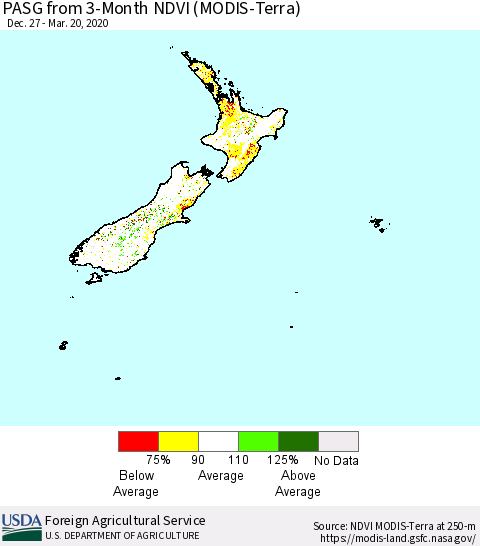 New Zealand PASG from 3-Month NDVI (Terra-MODIS) Thematic Map For 3/11/2020 - 3/20/2020