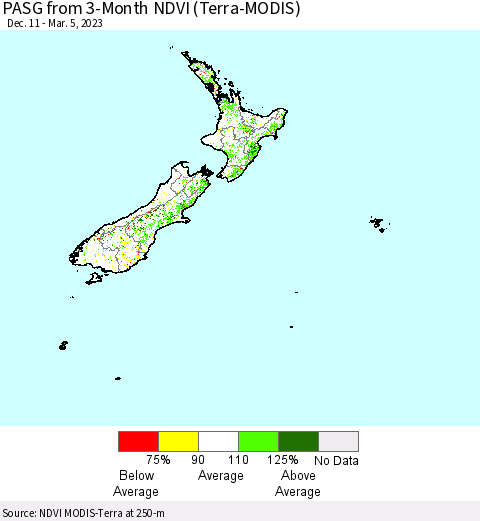 New Zealand PASG from 3-Month NDVI (Terra-MODIS) Thematic Map For 2/26/2023 - 3/5/2023