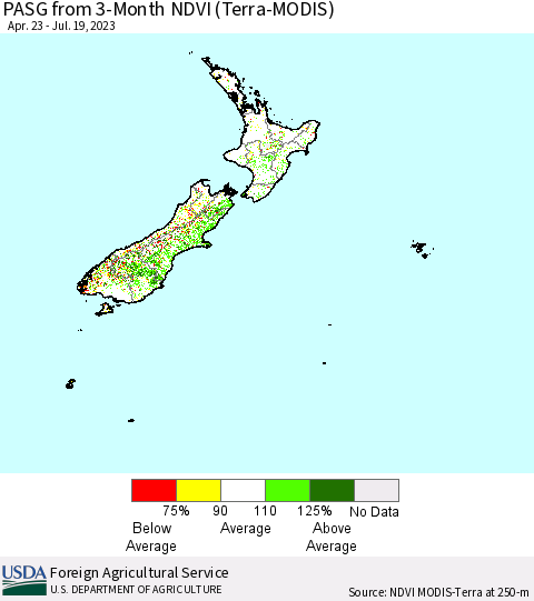 New Zealand PASG from 3-Month NDVI (Terra-MODIS) Thematic Map For 7/12/2023 - 7/19/2023