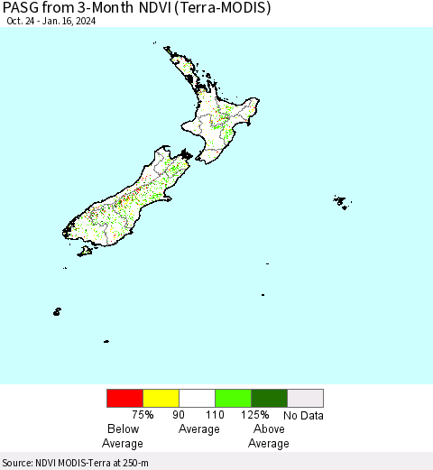New Zealand PASG from 3-Month NDVI (Terra-MODIS) Thematic Map For 1/9/2024 - 1/16/2024