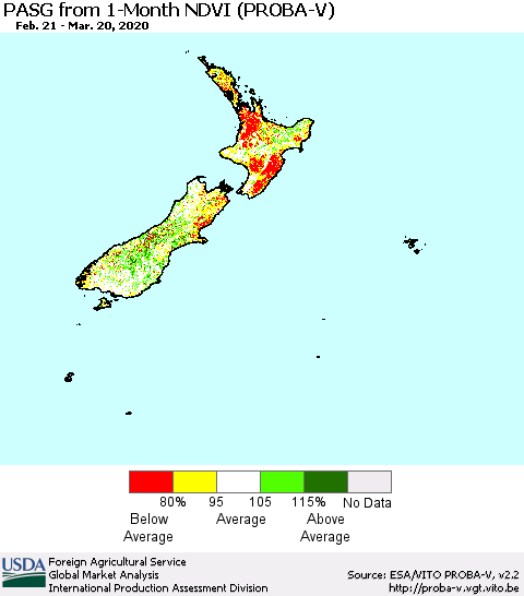 New Zealand PASG from 1-Month NDVI (PROBA-V) Thematic Map For 3/11/2020 - 3/20/2020