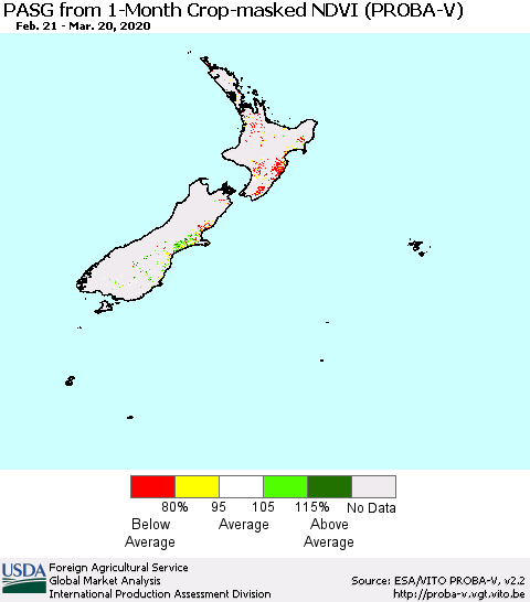 New Zealand PASG from 1-Month Crop-masked NDVI (PROBA-V) Thematic Map For 3/11/2020 - 3/20/2020
