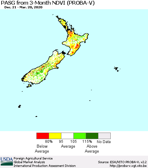 New Zealand PASG from 3-Month NDVI (PROBA-V) Thematic Map For 3/11/2020 - 3/20/2020