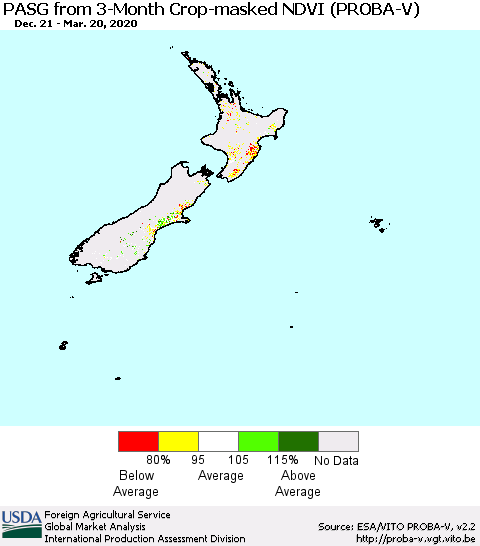 New Zealand PASG from 3-Month Crop-masked NDVI (PROBA-V) Thematic Map For 3/11/2020 - 3/20/2020