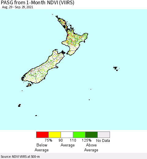 New Zealand PASG from 1-Month NDVI (VIIRS) Thematic Map For 9/22/2021 - 9/29/2021