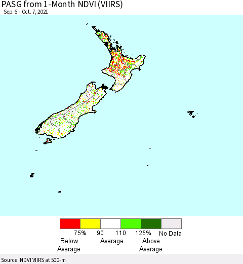 New Zealand PASG from 1-Month NDVI (VIIRS) Thematic Map For 9/30/2021 - 10/7/2021