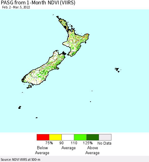 New Zealand PASG from 1-Month NDVI (VIIRS) Thematic Map For 2/26/2022 - 3/5/2022