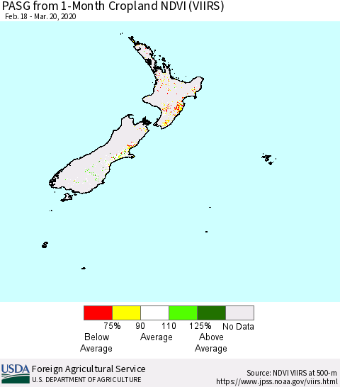 New Zealand PASG from 1-Month Cropland NDVI (VIIRS) Thematic Map For 3/11/2020 - 3/20/2020