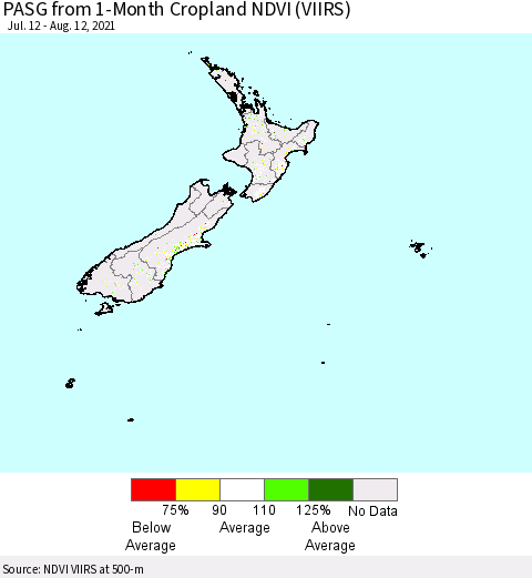 New Zealand PASG from 1-Month Cropland NDVI (VIIRS) Thematic Map For 8/5/2021 - 8/12/2021