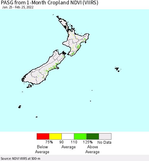 New Zealand PASG from 1-Month Cropland NDVI (VIIRS) Thematic Map For 2/18/2022 - 2/25/2022