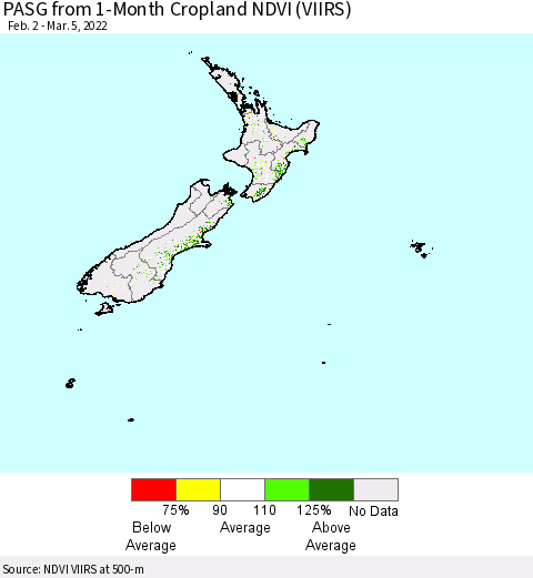 New Zealand PASG from 1-Month Cropland NDVI (VIIRS) Thematic Map For 2/26/2022 - 3/5/2022