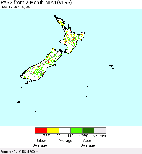 New Zealand PASG from 2-Month NDVI (VIIRS) Thematic Map For 1/9/2022 - 1/16/2022
