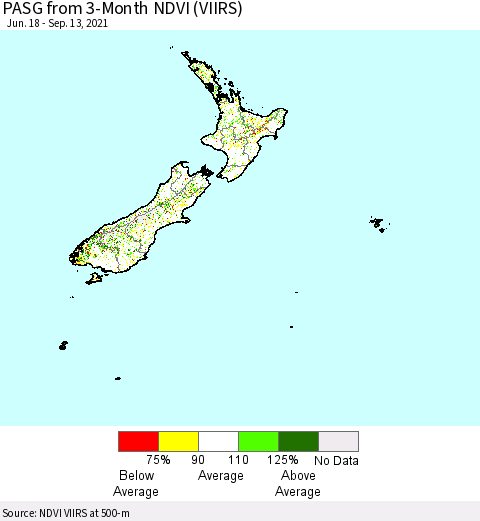 New Zealand PASG from 3-Month NDVI (VIIRS) Thematic Map For 9/6/2021 - 9/13/2021