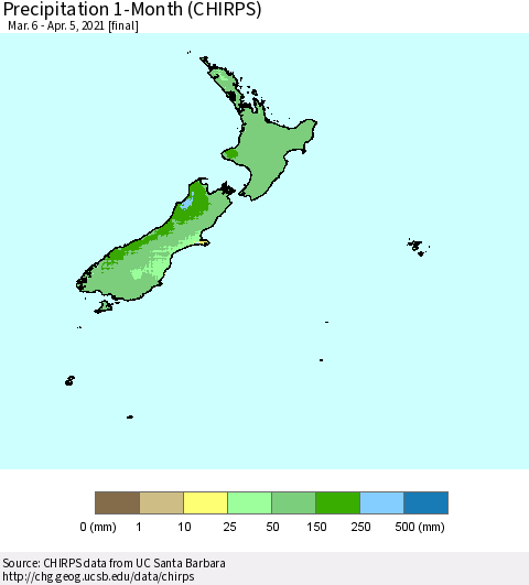 New Zealand Precipitation 1-Month (CHIRPS) Thematic Map For 3/6/2021 - 4/5/2021