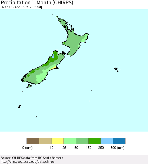 New Zealand Precipitation 1-Month (CHIRPS) Thematic Map For 3/16/2021 - 4/15/2021
