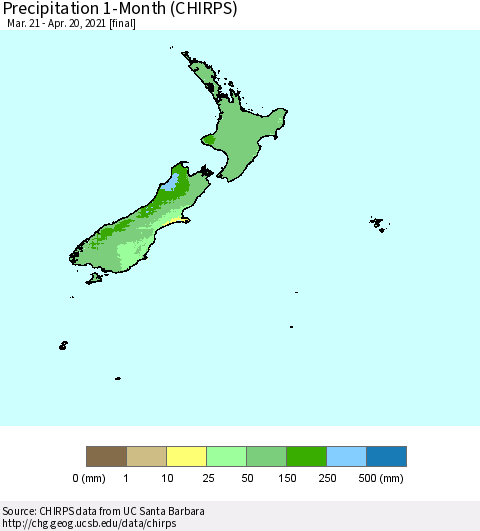 New Zealand Precipitation 1-Month (CHIRPS) Thematic Map For 3/21/2021 - 4/20/2021