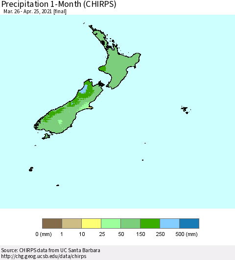 New Zealand Precipitation 1-Month (CHIRPS) Thematic Map For 3/26/2021 - 4/25/2021