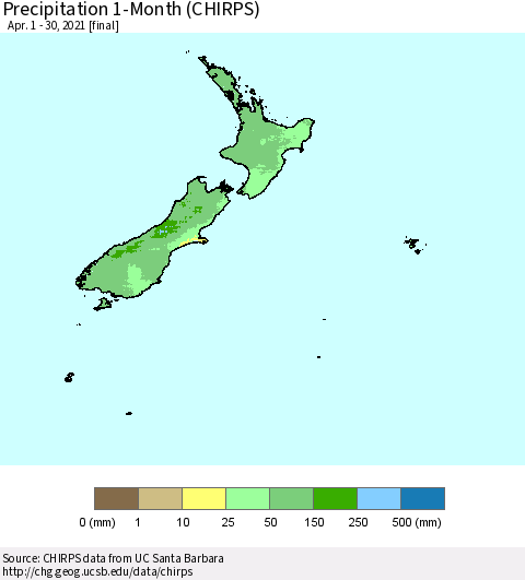 New Zealand Precipitation 1-Month (CHIRPS) Thematic Map For 4/1/2021 - 4/30/2021