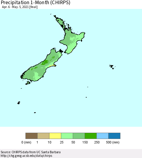 New Zealand Precipitation 1-Month (CHIRPS) Thematic Map For 4/6/2021 - 5/5/2021