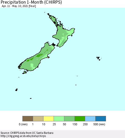 New Zealand Precipitation 1-Month (CHIRPS) Thematic Map For 4/11/2021 - 5/10/2021