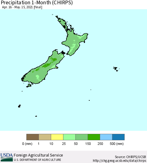 New Zealand Precipitation 1-Month (CHIRPS) Thematic Map For 4/16/2021 - 5/15/2021