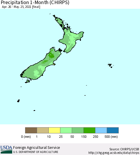 New Zealand Precipitation 1-Month (CHIRPS) Thematic Map For 4/26/2021 - 5/25/2021