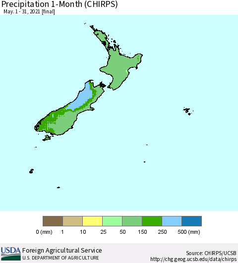 New Zealand Precipitation 1-Month (CHIRPS) Thematic Map For 5/1/2021 - 5/31/2021