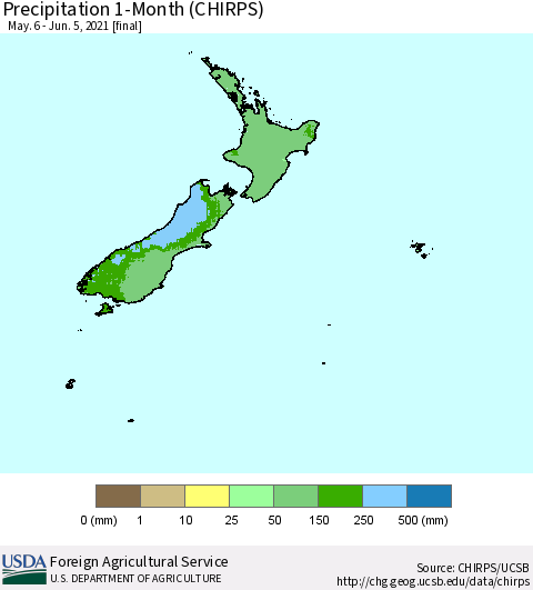 New Zealand Precipitation 1-Month (CHIRPS) Thematic Map For 5/6/2021 - 6/5/2021