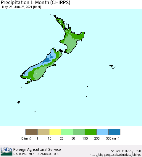 New Zealand Precipitation 1-Month (CHIRPS) Thematic Map For 5/26/2021 - 6/25/2021