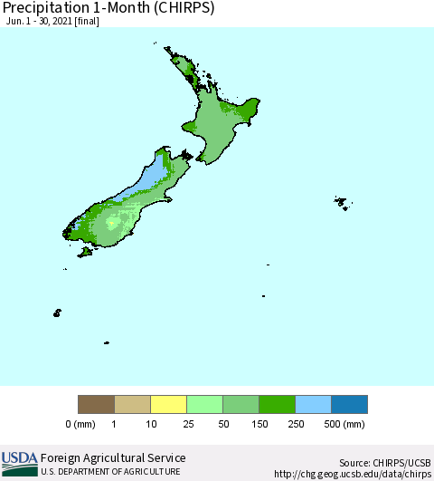 New Zealand Precipitation 1-Month (CHIRPS) Thematic Map For 6/1/2021 - 6/30/2021