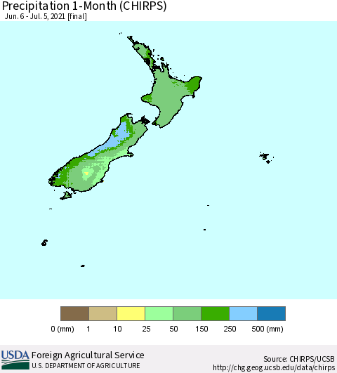 New Zealand Precipitation 1-Month (CHIRPS) Thematic Map For 6/6/2021 - 7/5/2021