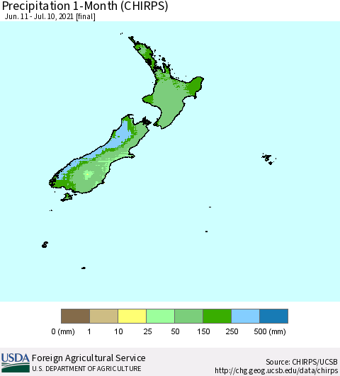 New Zealand Precipitation 1-Month (CHIRPS) Thematic Map For 6/11/2021 - 7/10/2021