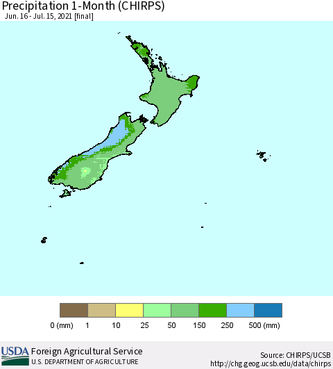 New Zealand Precipitation 1-Month (CHIRPS) Thematic Map For 6/16/2021 - 7/15/2021