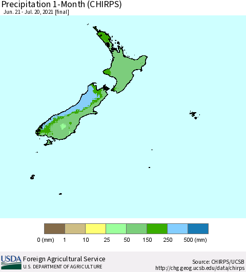 New Zealand Precipitation 1-Month (CHIRPS) Thematic Map For 6/21/2021 - 7/20/2021