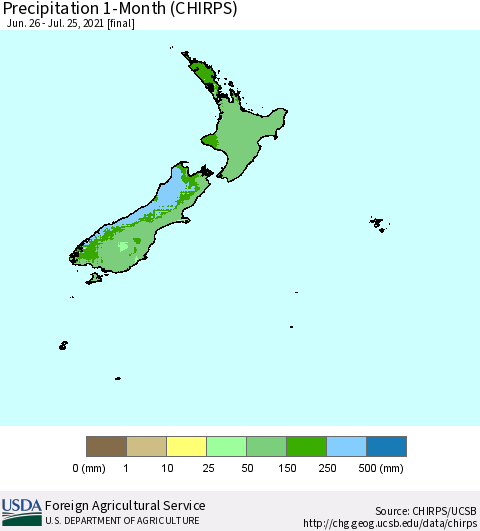 New Zealand Precipitation 1-Month (CHIRPS) Thematic Map For 6/26/2021 - 7/25/2021