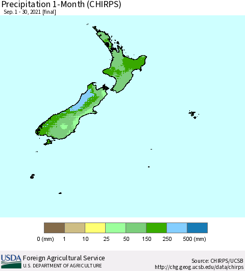 New Zealand Precipitation 1-Month (CHIRPS) Thematic Map For 9/1/2021 - 9/30/2021