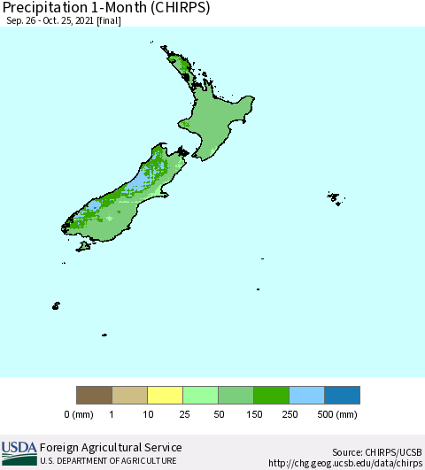 New Zealand Precipitation 1-Month (CHIRPS) Thematic Map For 9/26/2021 - 10/25/2021