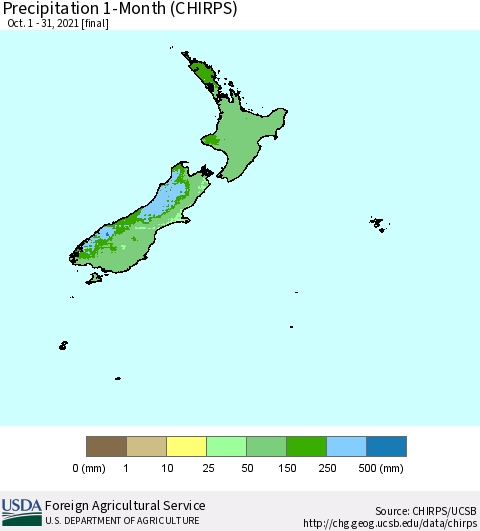 New Zealand Precipitation 1-Month (CHIRPS) Thematic Map For 10/1/2021 - 10/31/2021