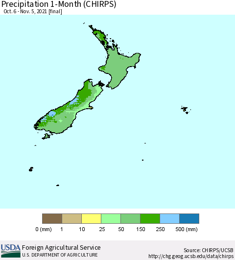 New Zealand Precipitation 1-Month (CHIRPS) Thematic Map For 10/6/2021 - 11/5/2021