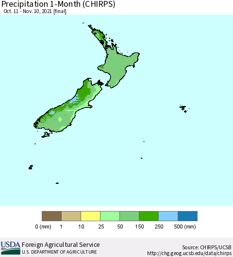 New Zealand Precipitation 1-Month (CHIRPS) Thematic Map For 10/11/2021 - 11/10/2021