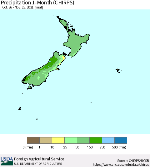 New Zealand Precipitation 1-Month (CHIRPS) Thematic Map For 10/26/2021 - 11/25/2021