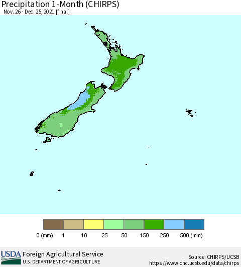 New Zealand Precipitation 1-Month (CHIRPS) Thematic Map For 11/26/2021 - 12/25/2021