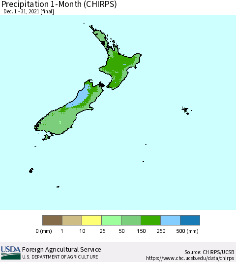 New Zealand Precipitation 1-Month (CHIRPS) Thematic Map For 12/1/2021 - 12/31/2021