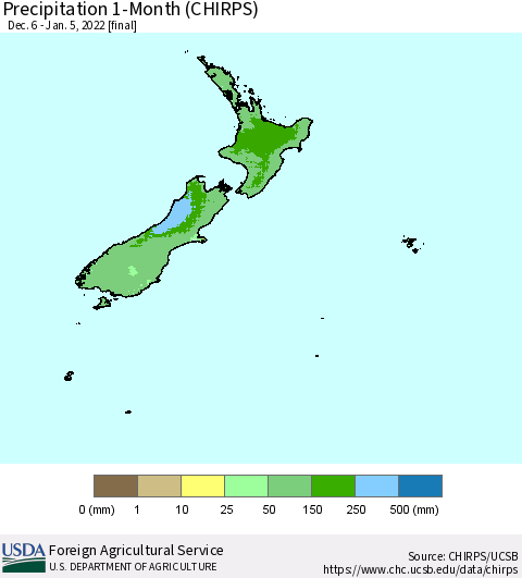 New Zealand Precipitation 1-Month (CHIRPS) Thematic Map For 12/6/2021 - 1/5/2022