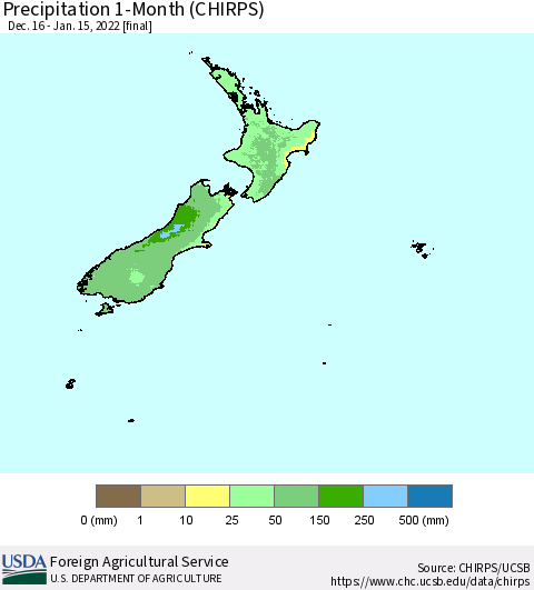 New Zealand Precipitation 1-Month (CHIRPS) Thematic Map For 12/16/2021 - 1/15/2022