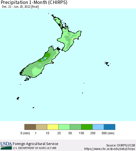 New Zealand Precipitation 1-Month (CHIRPS) Thematic Map For 12/21/2021 - 1/20/2022